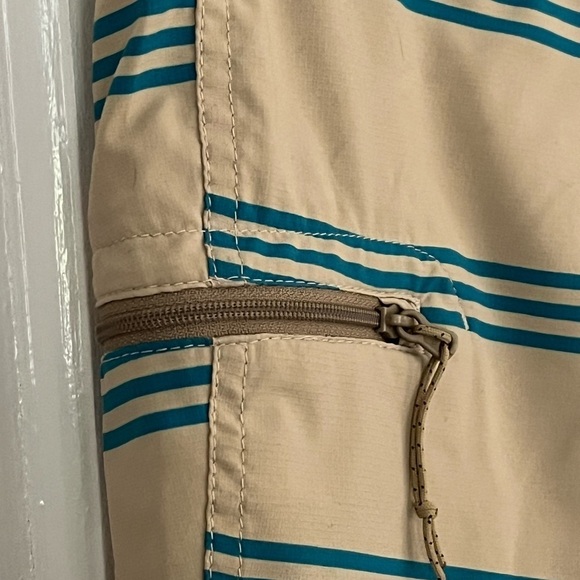 Patagonia Swim Trunks Board Shorts Tan Aqua Stripes Zipper Pocket Men’s 32 - Picture 4 of 10
